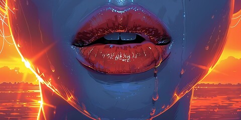 Close-up of woman's lips against a vibrant sunset