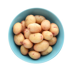 Raw potatoes in bowl isolated on white, top view