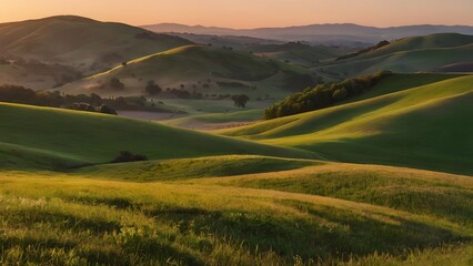 Obraz premium A beautiful sunrise illuminating rolling hills with warm colors and a peaceful morning atmosphere.