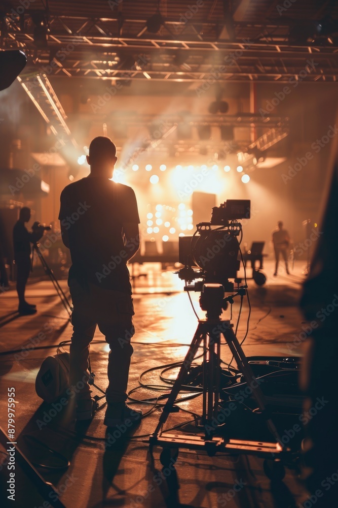 Wall mural Man stands in front of camera with microphone