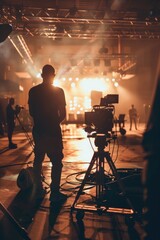 Fototapeta premium Man stands in front of camera with microphone