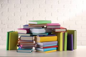Stacks of many colorful books on white wooden table against brick wall