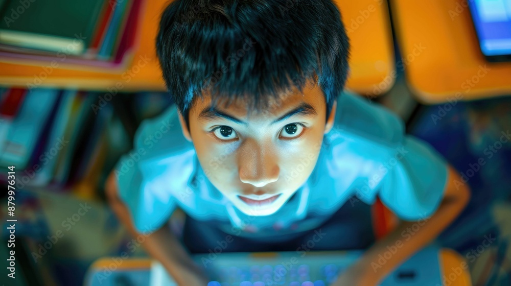 Wall mural the picture of the southeast asian boy is working as the coding programmer inside room with blur bac