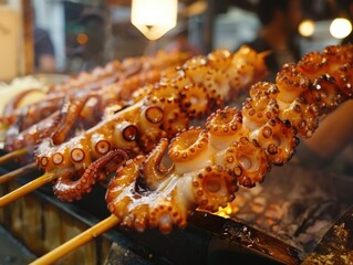 Group of octopus are being cooked on grill
