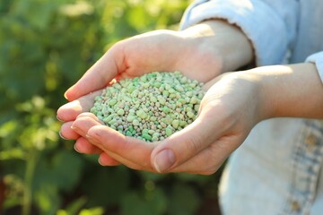 Woman holding green plant fertilizer outdoors, closeup