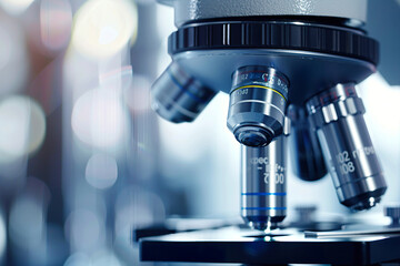 A microscope with a blue and silver lens, generative ai image.