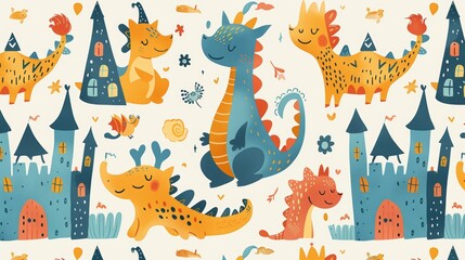 Obraz premium fantasy doodle art, vibrant doodle pattern featuring lively dragons, castles, and wizards, perfect for creating a whimsical setting with a magical touch