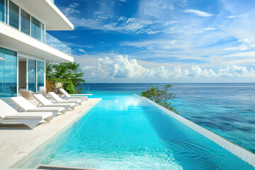 Fototapeta premium A beautiful ocean view with a pool and a white umbrella, generative ai image.
