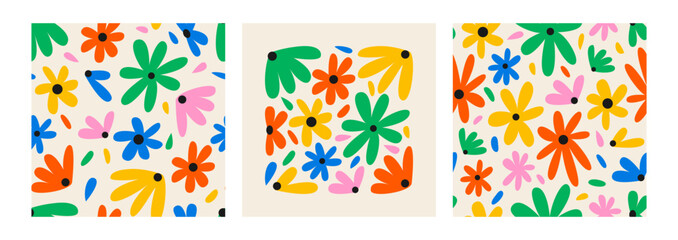 Set of floral vector illustration and seamless patterns. Abstract backgrounds with flowers in retro groovy style