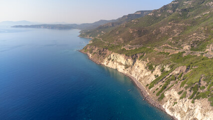 High angle view of the coast in the west of Sardinia, Italy, between Bosa and Alghero in the Grifone Nature Reserve. Environment and ecological nature tourism