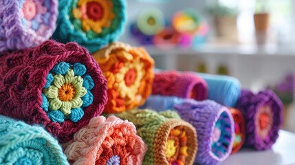 Fototapeta premium Multicolored crochet fabric on white table with focus selection and copy space