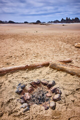 Driftwood and Stone Circle on Serene Beach Low Angle Perspective