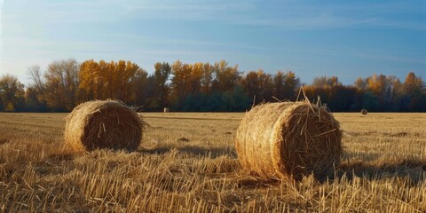 Fototapeta premium Two hay bales are in field with blue sky in background