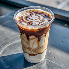 iced caramel macchiato in a plastic cup