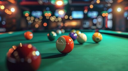 Billiard balls on green table in pool club background image