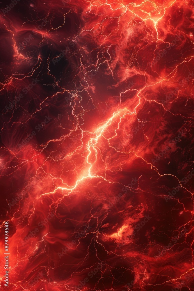 Poster a dark and intense lightning storm against a red and black background, perfect for use in dramatic s