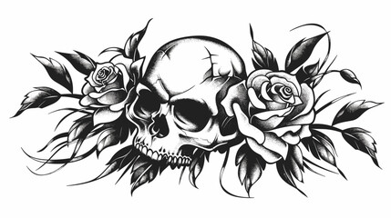 Skull with roses and leaves. The roses are in various sizes and are scattered around the skull. The leaves are also scattered around the skull, adding a natural touch to the design