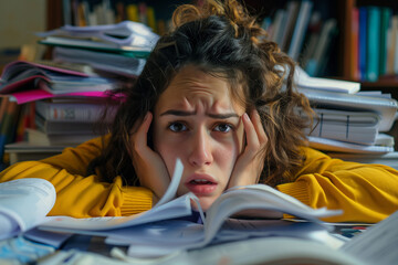 Teen student stressed with her homework, dealing with academic pressure and messy notes