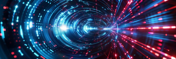 Naklejka premium Dynamic depiction of a neon tunnel with vibrant blue and red lights, illustrating technological progress.