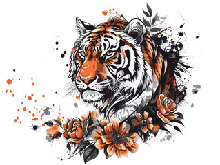 A tiger with a flower in its mouth. The tiger is orange and black