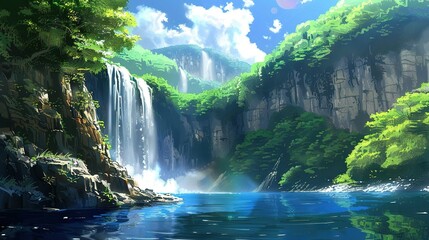   A waterfall painting in the center of a lake with a rainbow overlaying it