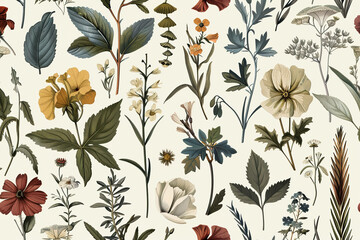 A floral pattern with leaves and flowers in various colors, generative ai image.