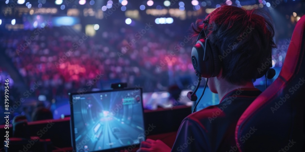 Sticker Man is playing video game in stadium with crowd watching