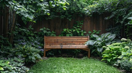 Obraz premium outdoor oasis, a wooden bench nestled among vibrant green plants in the backyard garden, perfect for peaceful moments and tranquil reflection
