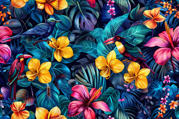 A colorful painting of two birds with flowers and leaves in the background, generative ai image..