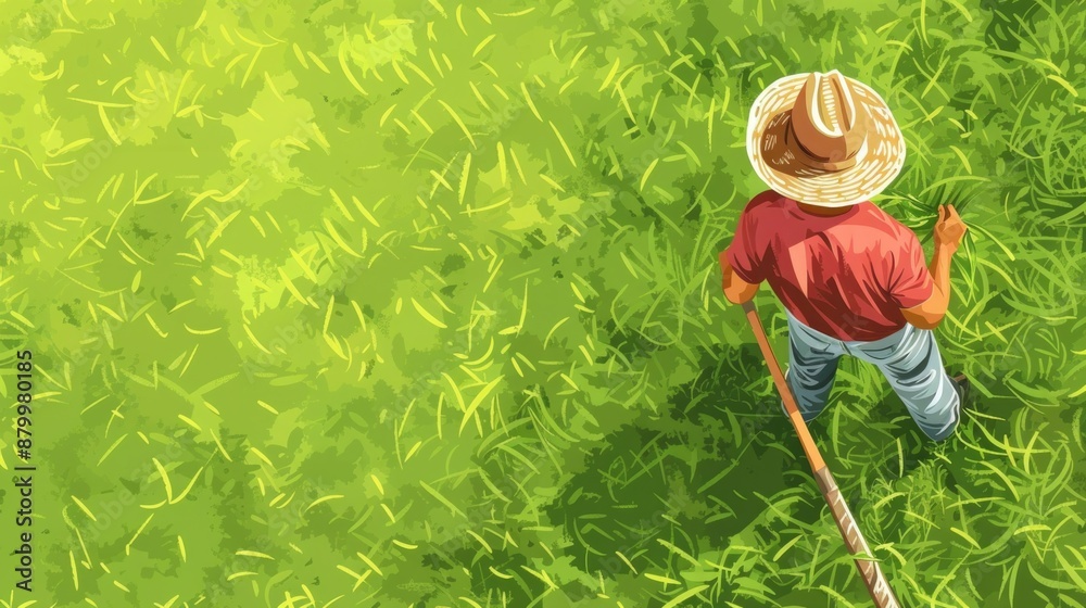 Wall mural Man in straw hat is standing in field with pitchfork