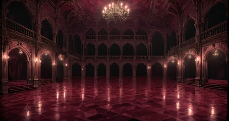 baroque room interior of gothic palace castle mansion with candles dark red embellishments. goth horror ballroom with arches, columns, and pillars.