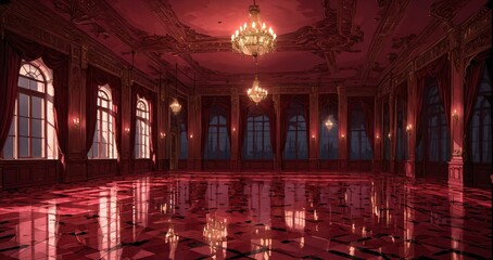 Obraz premium palace interior of room red ballroom sun room with sunlight through windows. elegant mansion gothic baroque castle decor and victorian style. candles and chandelier lighting.