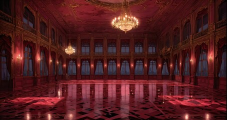 Obraz premium palace interior of room red ballroom and windows at night. elegant mansion gothic baroque castle decor and victorian style. candles and chandelier lighting.