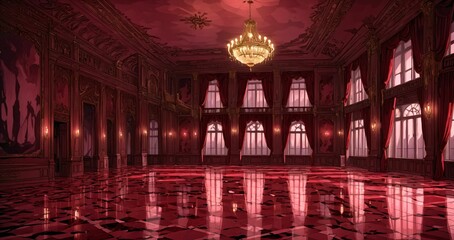 Obraz premium palace interior of room red ballroom sun room with sunlight through windows. elegant mansion gothic baroque castle decor and victorian style. candles and chandelier lighting.