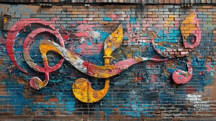 Obraz premium Colorful Graffiti of Music Notes on a Brick Wall
