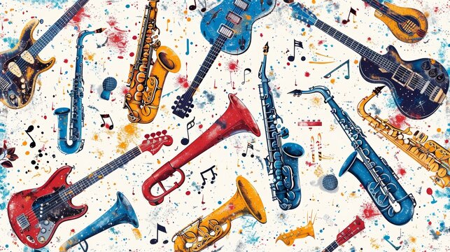 musical instruments illustration, background filled with hand-drawn music instruments such as guitars, saxophones, and trumpets, perfect for music-themed projects