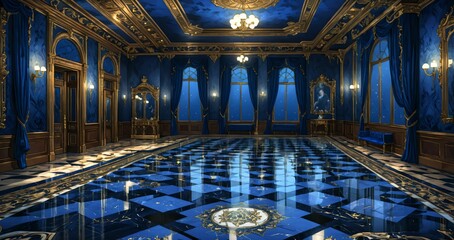 Fototapeta premium blue lobby room interior of mansion palace hotel building. door walkway art nuevo gothic blue and gold ornamental style with candles and deco symmetrical detailing.