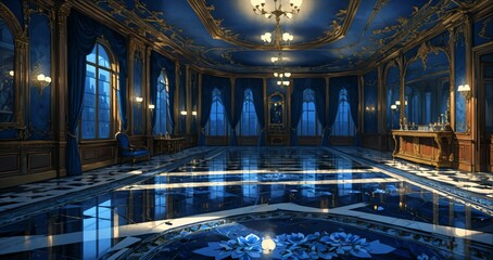 Obraz premium blue lobby room interior of mansion palace hotel building. door walkway art nuevo gothic blue and gold ornamental style with candles and deco symmetrical detailing.