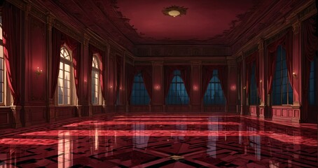 Obraz premium palace interior of room red ballroom sun room with sunlight through windows. elegant mansion gothic baroque castle decor and victorian style. candles and chandelier lighting.