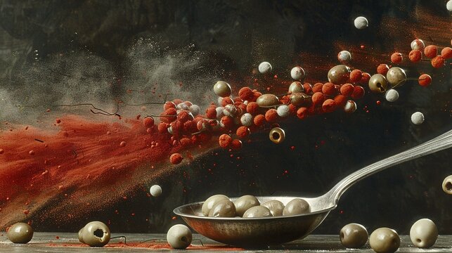   A painting of a red and white ball-shaped spoon with spheres emerging from its handle, or alternatively, a depiction of red and white balls exuding from the handle of a spher