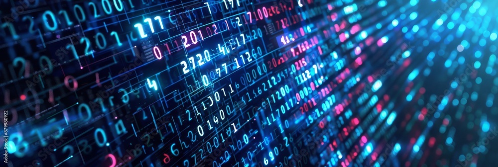 Poster a digital matrix with streaming lights and binary codes portrays data flow and technology advancemen