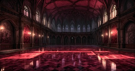 Obraz premium baroque room interior of gothic palace castle mansion with candles dark red embellishments. goth horror ballroom with arches, columns, and pillars.