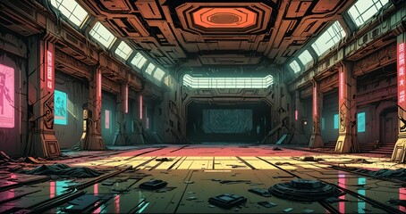 abandoned room interior in cyberpunk sci fi building. dystopian old palace ballroom warehouse in lo fi style. neon bright colors in futuristic empty tower.