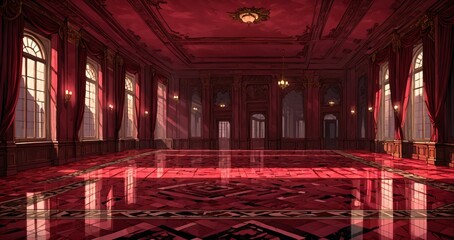 Obraz premium palace interior of room red ballroom sun room with sunlight through windows. elegant mansion gothic baroque castle decor and victorian style. candles and chandelier lighting.