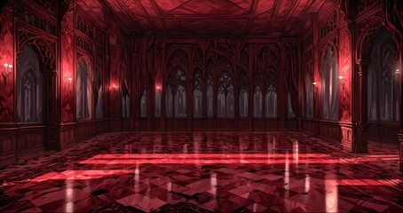 Obraz premium baroque room interior of gothic palace castle mansion with candles dark red embellishments. goth horror ballroom with arches, columns, and pillars.
