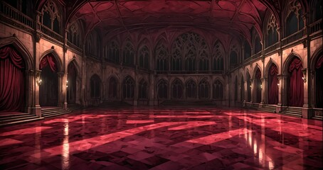 Obraz premium baroque room interior of gothic palace castle mansion with candles dark red embellishments. goth horror ballroom with arches, columns, and pillars.