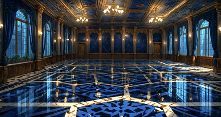 Obraz premium blue lobby room interior of mansion palace hotel building. door walkway art nuevo gothic blue and gold ornamental style with candles and deco symmetrical detailing.