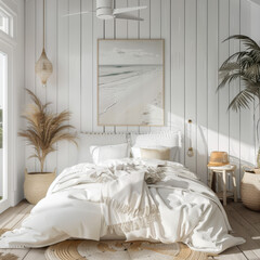 3D render of a white, cozy coastal-style bedroom interior.