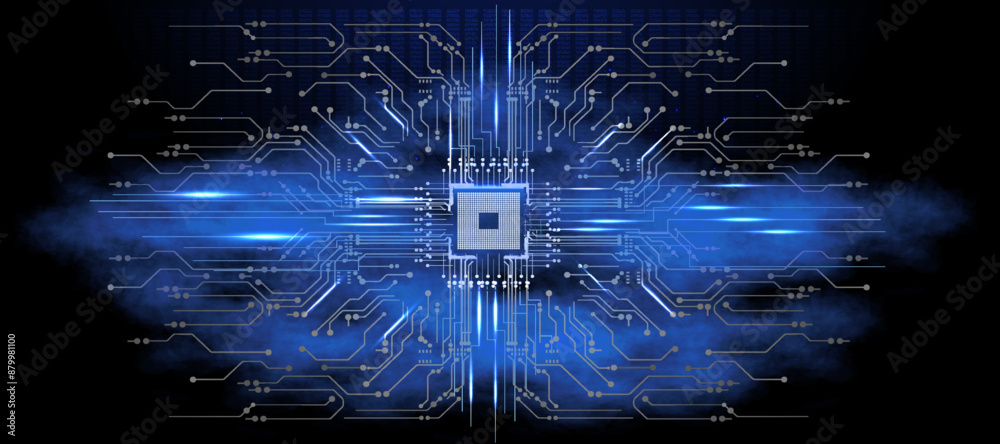 Poster central computer processors cpu concept. motherboard digital chip. processor with lights on the blue