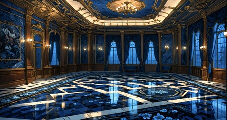 Obraz premium blue lobby room interior of mansion palace hotel building. door walkway art nuevo gothic blue and gold ornamental style with candles and deco symmetrical detailing.